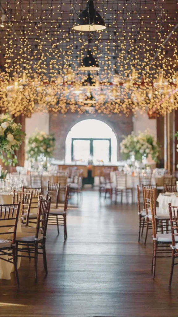 A large, modern banquet hall demonstrating a uniform scene preset with its functional smart lighting system. The flat, cream-colored ceiling features rows of perfectly spaced, dimmable warm recessed spotlights that cast a subtle, even glow across the room. Round reception tables with crisp white linens and beige ruched chair covers are arranged symmetrically over a neutral-toned carpet with an intricate, swirling fan pattern. In the background, a textured sand-stone feature wall is evenly lit, while a dark wooden bar counter sits under soft task lighting, showcasing a versatile layout ready for any event phase.