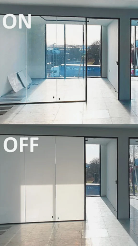 A side-by-side comparison image demonstrating the functionality of high-end smart glass technology within a modern interior space. The top panel, labeled "ON," shows a floor-to-ceiling glass partition wall that is completely transparent, allowing an unobstructed view of the adjacent room and bright natural light from a distant window. The bottom panel, labeled "OFF," shows the exact same glass wall instantly switched to an opaque, frosted white state, providing total visual privacy while still allowing soft light to filter through, illustrating a signature luxury upgrade without the need for curtains or blinds.