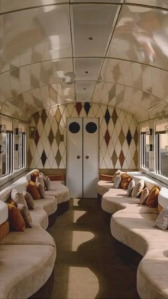 The interior of a premium luxury train cabin showcasing a spacious and intentional layout. Curving seamlessly along both sides of the narrow cabin are custom, built-in plush cream-colored sofas adorned with warm ochre and taupe accent pillows. The far wall features a symmetric diamond-patterned wallpaper leading to a white double door with circular porthole windows. Above, a highly polished, reflective cream ceiling catches the soft light, visually expanding the narrow corridor into an elegant and cozy travel sanctuary.