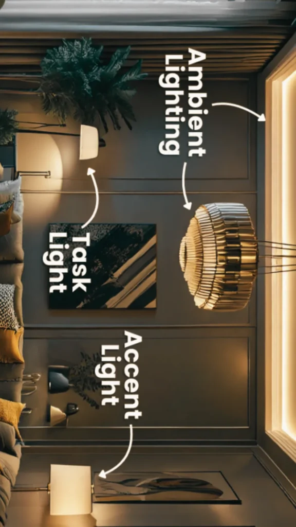 A vertical diagram of a sophisticated living room showcasing the three essential layers of luxury lighting. Text labels with arrows point to Ambient Lighting (a tiered gold chandelier and cove ceiling light), Task Light (a modern floor lamp by the sofa), and Accent Light (a tabletop lamp highlighting artwork). The warm, 2700K golden glow illustrates how proper layering transforms a neutral room from "morning cream to evening honey," creating a rich, atmospheric interior.