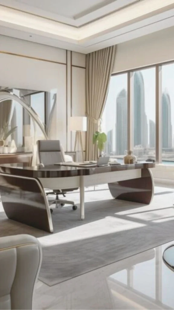 A sophisticated, modern interior showcasing high-end luxury executive office design concepts. The workspace features an architectural partition wall crafted with vertical slatted warm wood panels that filter light into an open room. Next to a glass divider, a sleek, minimalist wooden desk is neatly arranged with a white notebook and an elegant black fountain pen, projecting confidence and clarity. In the foreground, a comfortable contemporary armchair with clean fabric lines rests on light stone flooring, embodying a quiet, clutter-free sanctuary designed for an inspiring work environment.