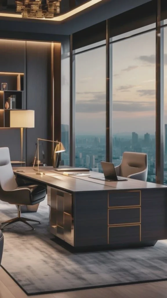 A striking luxury executive office design interior showcasing premium textures, materials, and fine craftsmanship. The focal point is a massive, bespoke dark walnut executive desk accented with custom polished brass inlay lines and soft integrated downlighting across its surface. A minimalist laptop rests on the desk alongside a sleek leather executive chair. The room features floor-to-ceiling glass windows framing a panoramic evening skyline, a high-end textured grey area rug, and custom dark wood wall paneling with built-in backlit shelving, conveying a collected, high-performance executive sanctuary.