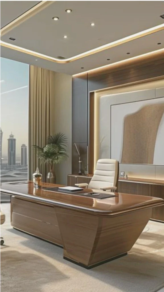 A striking example of how biophilic elements are integrated into elite executive workspace interiors. The room features a massive, seamless preserved green moss wall panel accented with sleek vertical gold strips, bringing natural texture and a calming visual break into the space. Positioned in front of the living wall is a contemporary desk with a rich wood top and a clean white geometric base, paired with a modern white accent chair. Sunlight streams in from a large adjacent window, reflecting beautifully off the polished marble flooring to emphasize productivity technology disguised as beauty.