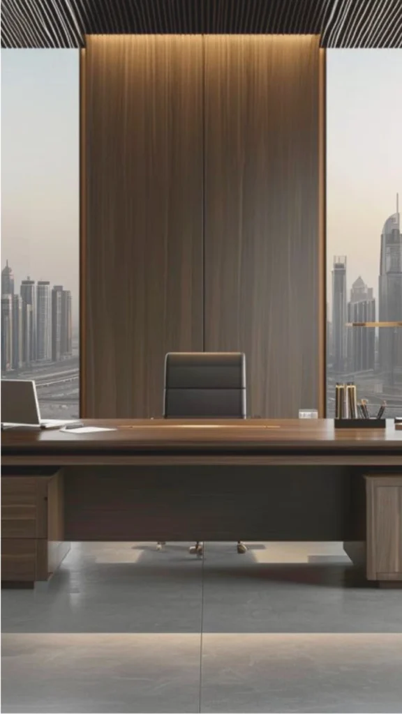 A brilliant example of curated art integration within luxury executive office design interiors. A large, oversized abstract canvas art piece featuring deep charcoal, soft cream, and subtle gold textures hangs perfectly positioned at professional eye level on a minimalist grey wall. Positioned directly in front of this personal and powerful silent bio is a premium tan leather executive chair paired with a sleek dark wood desk, demonstrating a sophisticated background layout that avoids visual clutter for high-end workspace video calls.
