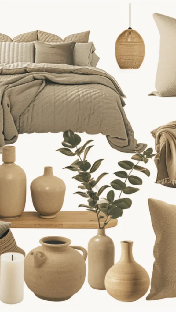 A curated mood board of interior decor elements in a monochromatic neutral palette. The collection features a quilted beige bedspread, various sculptural ceramic vases in sandy tones, a woven pendant light, and a sprig of green eucalyptus. The image highlights the use of varied textures—such as linen, matte clay, and chunky knits—to create visual interest and "presence" within a soft neutral luxury space without relying on bold colors.