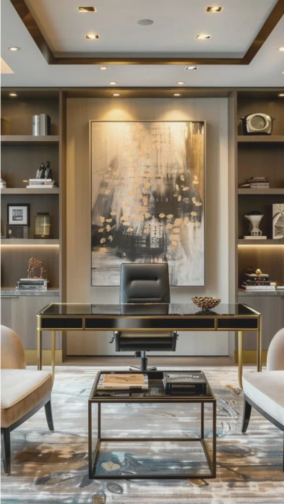 A symmetrically designed workspace illustrating modern executive office interiors luxury through flawless restraint and curated detailing. A sleek, black glass-top executive desk with a polished gold frame sits centered on a textured, neutral-toned luxury area rug. Behind the black leather executive chair hangs an oversized canvas of abstract modern art featuring striking strokes of charcoal, cream, and metallic gold accents. Flanking the artwork are built-in wooden shelves with warm, recessed backlight strips, neatly displaying a minimal number of books and sophisticated sculptures to maintain an elegant, clutter-free professional layout.