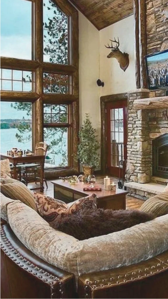 A cozy and rustic living room showcasing high-end luxury lodge interiors with a dramatic emotional anchor. In the foreground, a deep, curving leather sofa with plush velvet upholstery and warm patterned throw pillows frames the space. The room features a massive stone fireplace with a live-edge wooden mantelpiece, floor-to-ceiling multi-panel windows offering a scenic lakeside view, and a mounted deer head on the wall. A low wooden coffee table with candles sits at the center, creating an inviting, high-performance retreat focused on comfort and natural materials.