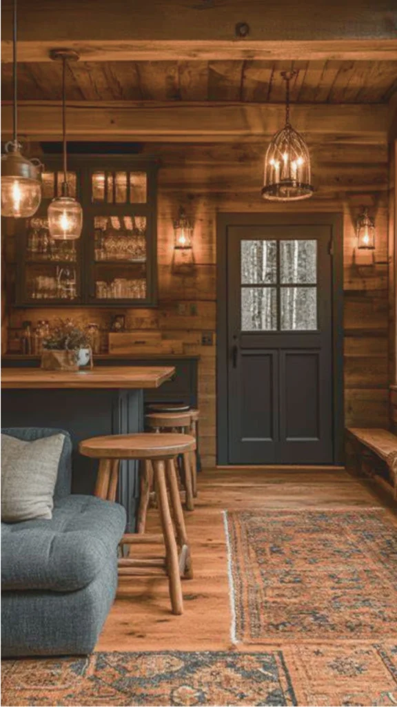 A cozy and luxurious rustic lodge entryway and living space, illuminated by warm, vintage-style lighting fixtures. The interior features rich, textured wood-paneled walls, floors, and ceilings. A dark gray entrance door with glass panes offers a view of snowy woods outside. In the foreground, a gray tufted sofa sits next to a wooden kitchen island with matching wooden bar stools. The room is warmly lit by hanging glass pendant lights, a cage-like chandelier, and glowing wall sconces, all casting a soft, inviting glow over patterned traditional area rugs.