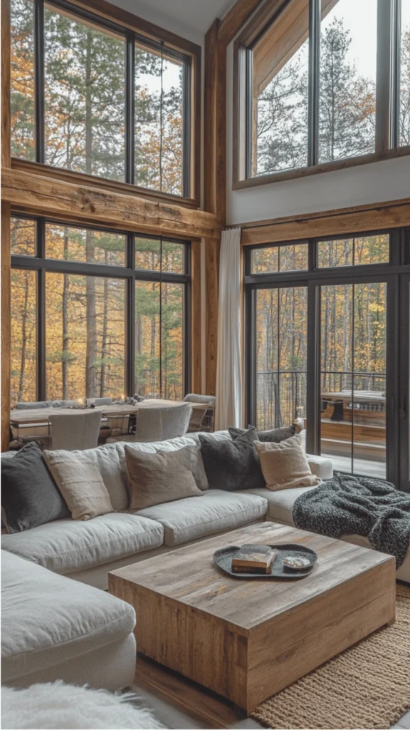 An expansive, sun-drenched luxury lodge living room boasting soaring ceilings and massive, double-height black-framed windows. The space centers around a large, extra-deep off-white sectional sofa styled with a mix of charcoal and taupe throw pillows. In front of it sits a substantial, blocky wooden coffee table on a woven jute rug. Heavy timber architectural columns and beams frame the room, while the background reveals an open dining area and glass doors leading to an outdoor deck. Through the glass, a breathtaking view of a dense forest filled with vibrant autumn trees effortlessly becomes part of the interior design.