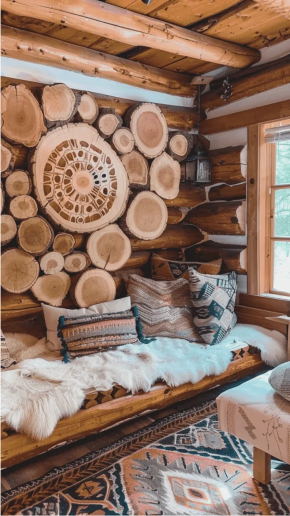 A cozy, highly textured corner of a rustic log cabin living space. The focal point is a unique accent wall adorned with a mosaic of varying-sized natural wooden log cross-sections, showcasing their organic rings. Below, a low wooden daybed or bench is layered comfortably with soft white faux-fur pelts and an array of pattern-rich, woven bohemian throw pillows. The warm wooden ceiling and log walls frame the space, complemented by a detailed geometric tribal-style area rug on the floor and natural light streaming in from an adjacent window.