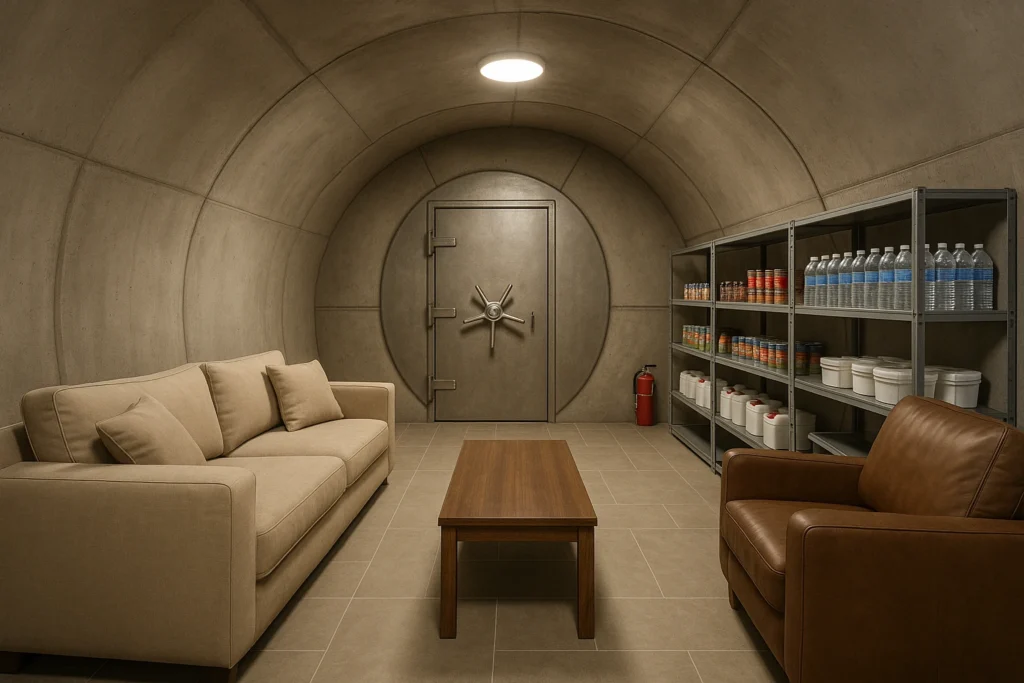An underground luxury safe house living room demonstrating how personal curation adds soul to a subterranean space. A light-toned fabric sofa is styled with dark accent pillows, facing a modern glass coffee table. The back wall serves as a stunning focal point, featuring extensive built-in wooden bookshelves filled with curated books, small artifacts, and a large custom landscape painting integrated seamlessly into the shelving unit.