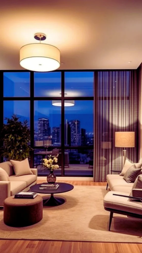 A luxury condo living room at night featuring layered lighting with a glowing drum pendant ceiling fixture and a warm floor lamp beside the sofa. The ambient and task lighting creates an upscale hotel ambiance, illuminating neutral seating and a central coffee table against a backdrop of floor-to-ceiling windows showing a blue-hour city skyline.