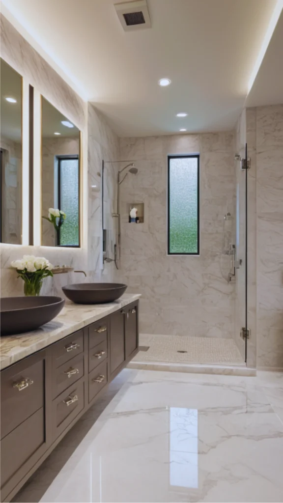 A high-end bathroom interior featuring a serene, layered neutral color palette. The space showcases light cream marble walls and polished flooring contrasted against a long, dark charcoal-brown floating vanity. Two dark vessel sinks sit on a light marble countertop below backlit mirrors, while a glass-enclosed walk-in shower sits in the background.