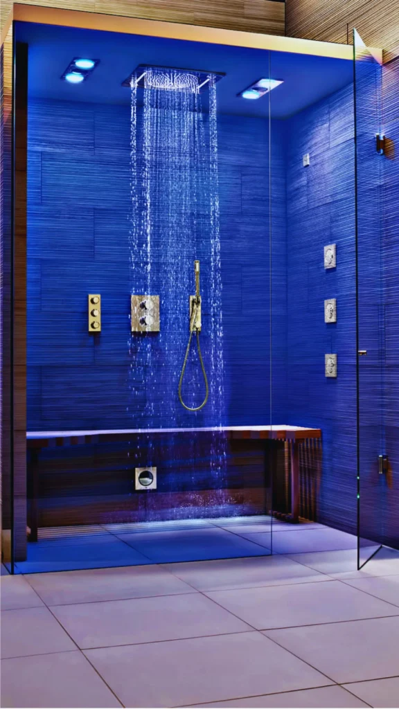 An ultra-modern, high-tech walk-in shower suite demonstrating a digital shower system. Enclosed in glass, the large shower features a rainfall showerhead pouring water down over a wooden bench, integrated gold hardware controls, body jets on a textured blue wall, and immersive blue LED mood lighting from the ceiling.