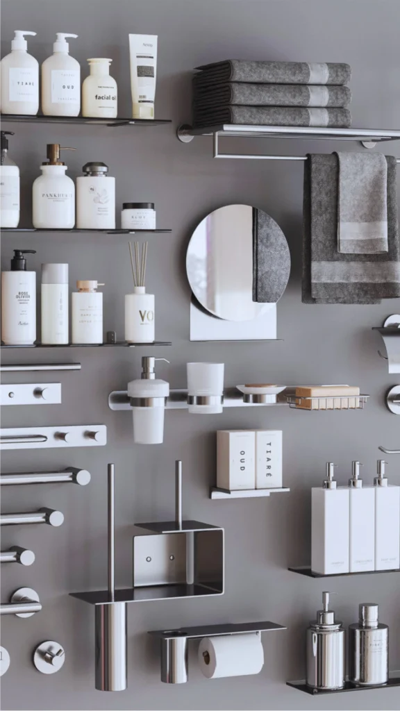 A flat-lay product grid of contemporary bathroom accessories in a matte silver or brushed steel finish. Features multiple glass floating shelves filled with high-end apothecary bottles and skincare products, a variety of metal towel racks, stacked gray hand towels, a soap dish, a reed diffuser, and wall-mounted tissue rollers arranged over a solid gray background.
