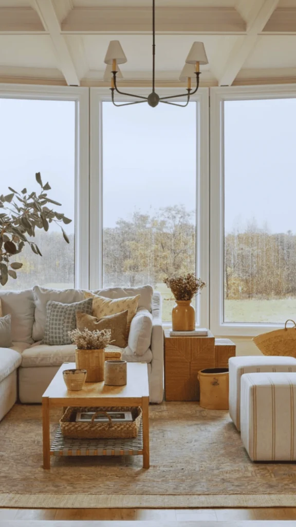 A bright living room demonstrating a beautifully layered neutral color palette. The space features an off-white sofa and cream-striped ottomans accented with warm beige, gray, and ochre yellow pillows. Large floor-to-ceiling bay windows flood the room with natural light, highlighting a wooden coffee table, textured woven baskets, earthy ceramic vases, and a classic black metal chandelier against a coffered ceiling.