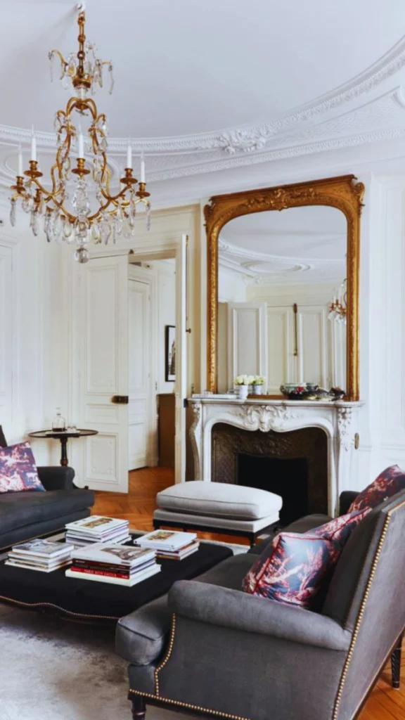 An elegant Parisian apartment living room showcasing detailed historic architecture. A grand, ornate crystal chandelier hangs from a high ceiling embellished with intricate white crown molding and decorative plaster detailing. Below, a massive gold leaf arch mirror sits on top of a sculpted white marble fireplace mantel, reflecting the room's white paneled walls and open doorways.