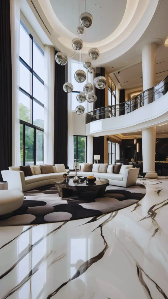 A grand luxury living room setup featuring an expansive conversation area that balances intimacy and scale. A massive, curved cream sectional sofa sits on a large, bold black-and-white patterned rug around a low marble coffee table. The double-height space is anchored by a polished white marble floor with dramatic black veining, towering multi-story windows, and a sculptural cluster of metallic globe pendant lights hanging from a recessed circular ceiling.