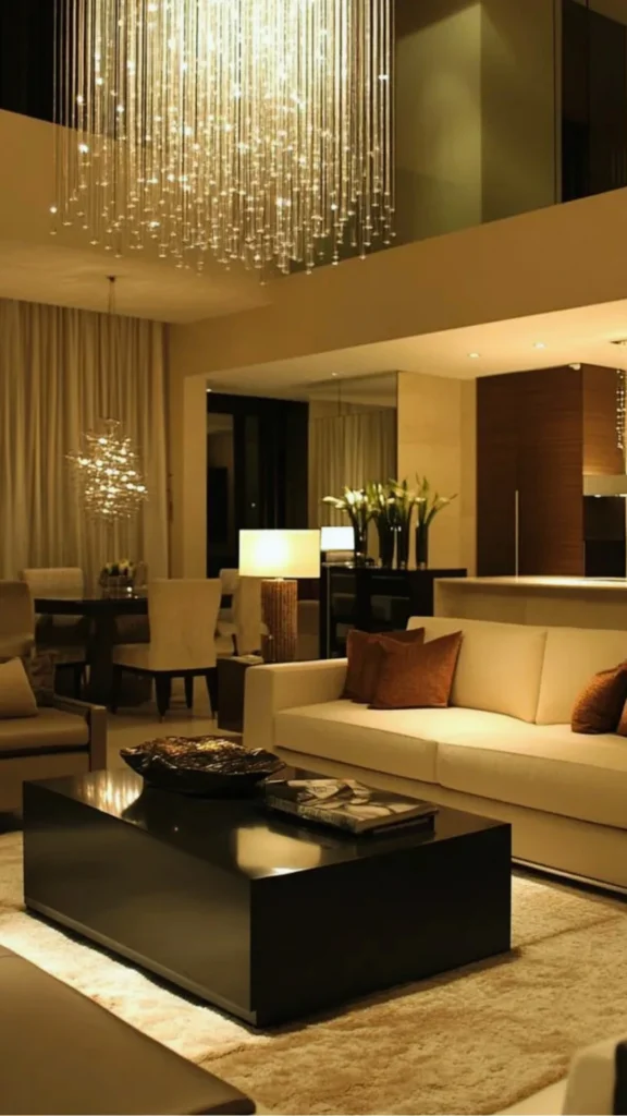 An elegant luxury living space beautifully demonstrating the art of layered lighting and rich textiles. A grand, modern cascading crystal rod chandelier serves as ambient light, complemented by warm task lighting from a textured table lamp on a console. The seating area features a plush cream sofa adorned with silk throw pillows, a glossy black block coffee table, and a thick wool area rug, all bathed in a warm, sophisticated golden glow.