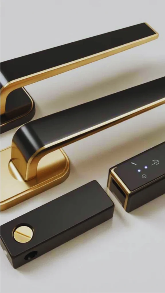 A close-up shot of premium interior door hardware showcasing substantial weight and high-end texture. The selection features modern, solid door handles constructed with a sleek matte black inlay framed by a heavy brushed gold or brass trim, resting next to a matching black-and-gold smart digital lock mechanism with glowing indicator lights.