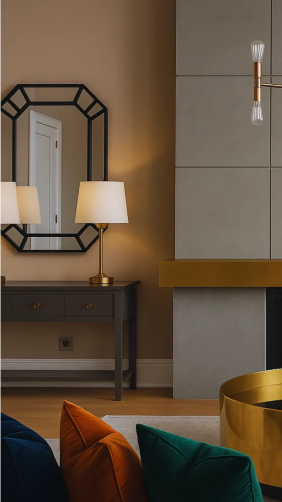 A modern interior demonstrating the intentional mixing of metallic finishes and crisp geometric lines. An octagon-shaped matte black framed mirror hangs over a dark gray console table adorned with small brass drawer knobs and a gold task lamp. To the right, a structured fireplace wall clad in gray square concrete tiles features a prominent brushed gold mantelpiece, beautifully mirroring the warm metallic tones of a circular gold coffee table in the foreground.