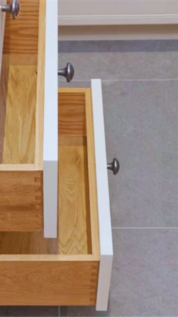 A high-angle close-up of premium kitchen cabinetry demonstrating high-end craftsmanship. Two white-fronted drawers are pulled open to reveal the solid wood interior boxes, specifically highlighting the classic interlocking dovetail joinery at the corners. The clean, modern design is finished with minimalist pewter or brushed metal knobs against a neutral tiled floor.