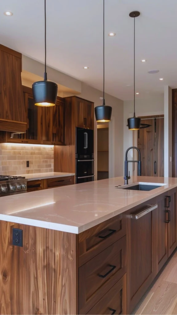 A premium luxury kitchen showcasing warm, organic finishes with cohesive matched wood veneer cabinetry. The expansive island features natural, rich walnut wood grains paired with a thick cream quartz countertop and a matte black gooseneck faucet. Three sleek black pendant lights with warm golden interiors cast a soft glow over the island, beautifully complementing the matching floor-to-ceiling wood cabinets in the background.