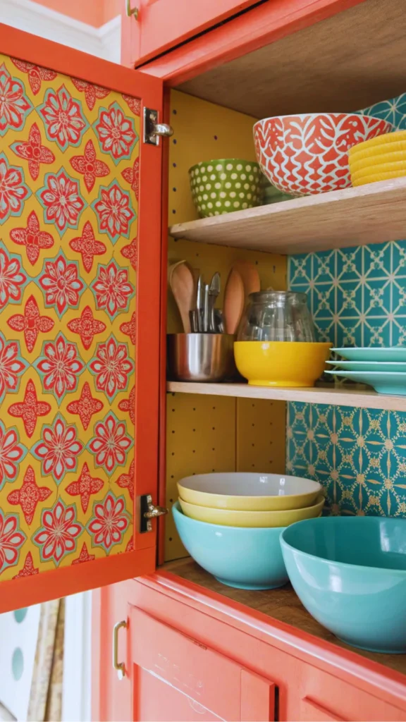 An open, vibrant kitchen cabinet demonstrating a creative interior liner upgrade. The inside of the bright orange cabinet door is precisely lined with a bold red, orange, and yellow floral textile pattern, complementing a teal and gold geometric patterned back liner. The lined shelves neatly organize an array of colorful ceramic dinnerware, including yellow, teal, and dotted green bowls.