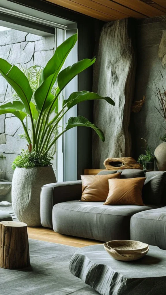 A modern luxury Chinese villa interior illustrating how raw nature grounds an indoor space. The room features a dark gray fabric sectional sofa decorated with camel-brown leather pillows, anchored by a low, raw live-edge stone coffee table and a rustic wooden stump stool. Next to a floor-to-ceiling glass door, a massive stone planter holds a vibrant, oversized tropical green plant, set against a backdrop of raw stone wall cladding.