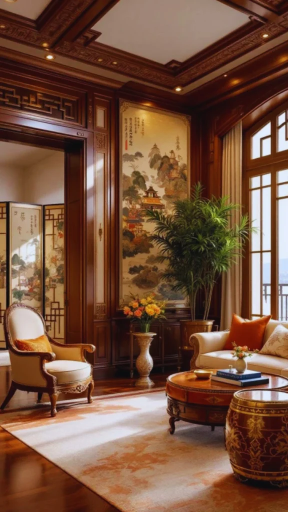 A sophisticated luxury sitting room demonstrating the conversation between historic artifacts and modern design. A beautifully detailed, dark antique Chinese carved wooden armchair sits paired with a matching dark wood altar-style side table. Atop the table rests a contemporary sleek brass table lamp with a glowing white shade, standing against a clean beige wall with ample breathing room.