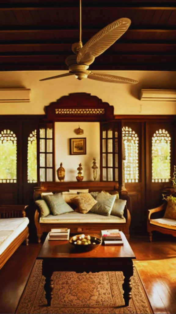 An upscale traditional Indian living room showing a masterful display of heritage solid wood craftsmanship. The space features an antique wooden daybed styled with silk cushions, positioned in front of an intricate wooden wall partition with architectural cutouts. In the foreground, a dark wood coffee table with hand-carved legs rests on a classic patterned rug under a large, leaf-shaped vintage ceiling fan.