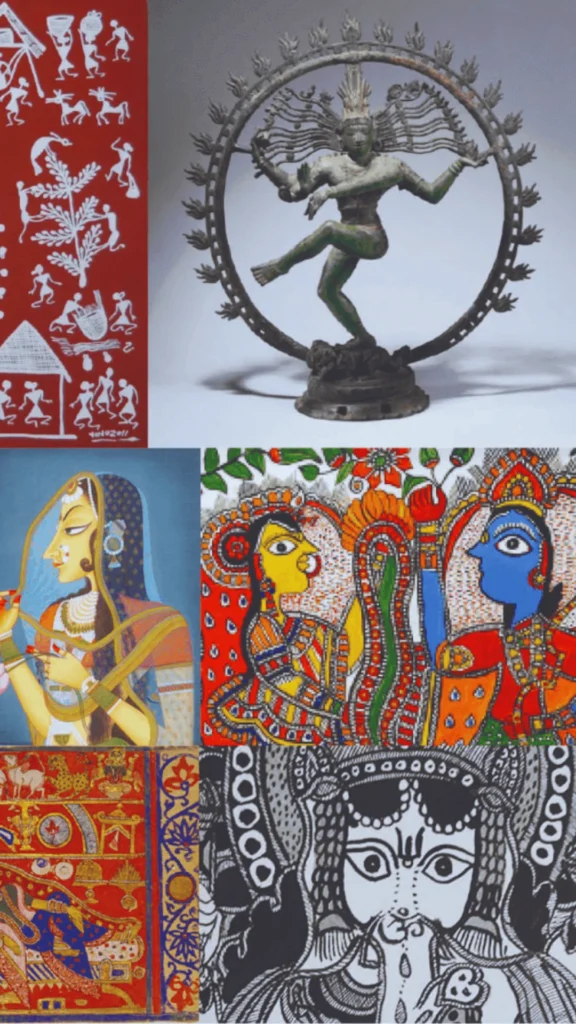 A curated collage showcasing the rich artistic heritage of India, perfect for inspiration in luxury Indian interiors. The collection features a bronze Nataraja statue of a dancing Shiva, alongside vibrant regional paintings including a detailed Madhubani or Pichwai depiction of figures, traditional Warli tribal art in white on a red background, a classical portrait of an Indian woman under a veil, and intricate spiritual folk art.