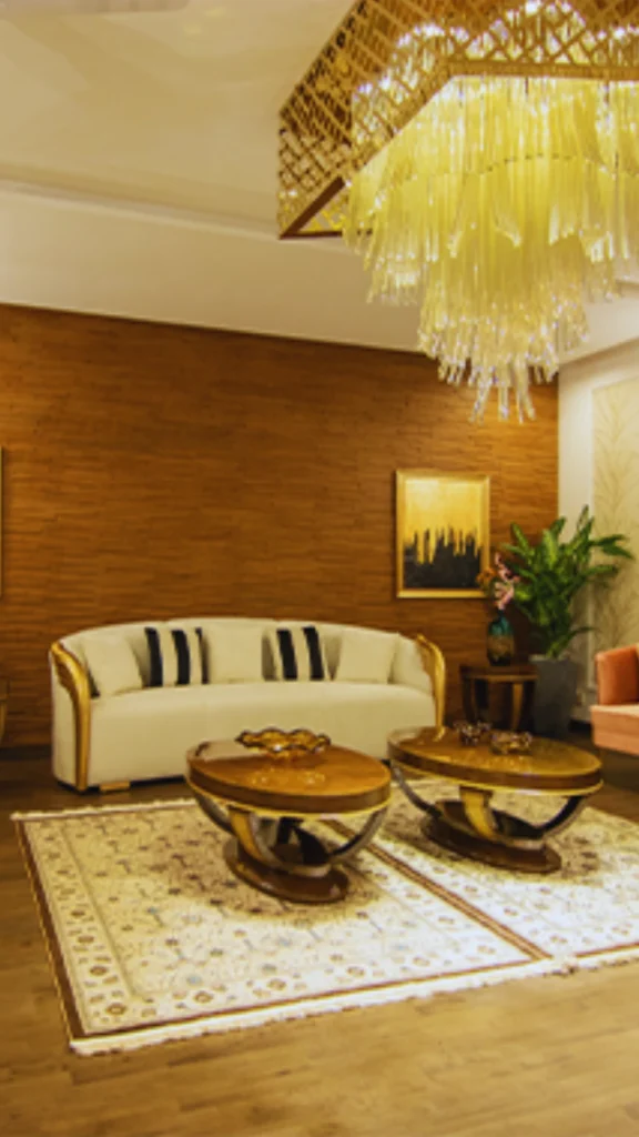 A premium, modern Indian living room highlighting layered, ambient lighting as a primary design statement. The space is anchored by an enormous, sculptural tiered crystal chandelier with a geometric gold frame that throws a warm, intimate glow over the entire seating area. Subtle accent lighting from wall sconces illuminates a textured wood-paneled feature wall behind a collection of curved cream and blush sofas.