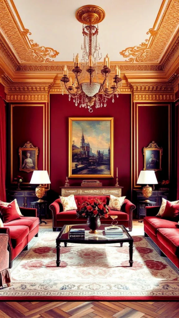 A sophisticated, high-end living room demonstrating the restrained use of rich jewel tones. Set against clean, light cream walls and a soft neutral floor, a luxurious navy blue velvet sofa stands as a bold accent, beautifully styled with deep ruby-red and emerald-green silk throw pillows. Elegant metallic gold nesting coffee tables sit in the center, adding a refined layer of sheen.