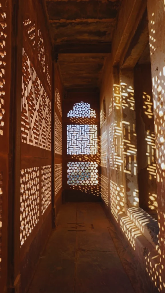 A beautiful demonstration of traditional architectural poetry in a modern Indian luxury home. A large window features an intricate, cream-colored jali perforated screen that beautifully filters incoming natural sunlight. The complex geometric latticework casts crisp, mesmerizing patterned shadows across a polished neutral floor, defining an upscale hallway corner.