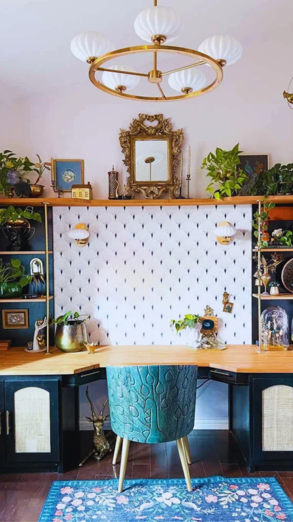 An expertly edited luxury workspace demonstrating the art of mindful accessory curation. A textured teal desk chair with an embossed peacock feather design sits before a light wood corner desk with a clean fan-patterned backsplash. The overhead shelf is deliberately styled with sparse, high-quality decorative elements, including a vintage ornate gold-framed mirror, small brass collectibles, and vibrant green trailing houseplants.