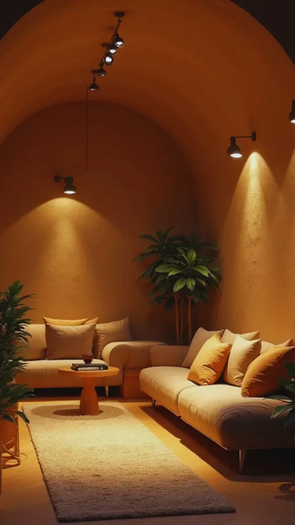 A beautiful demonstration of layered luxury lighting in an underground living sanctuary. The room features a warm, earth-toned terracotta plaster finish spanning a dramatic arched ceiling. Multiple light sources—including adjustable track lights and warm wall sconces—cast soft glows and eliminate harsh shadows across comfortable cream sectional sofas, indoor plants, and a plush beige runner rug.