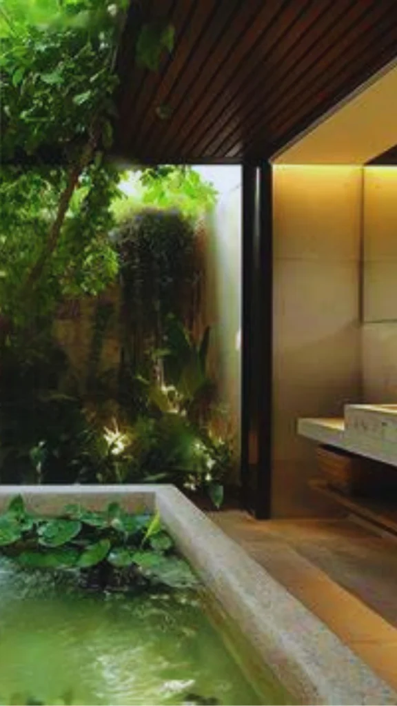 A luxury underground living room showcasing biophilic design elements to bring nature indoors. The minimalist space features a sleek black accent wall dominated by a large, ultra-high-resolution digital window screen displaying a vibrant tropical forest view. Below the screen, clean-lined low sofas face a modern low-profile coffee table, while soft spotlighting illuminates dense vertical greenery potted in the corner.