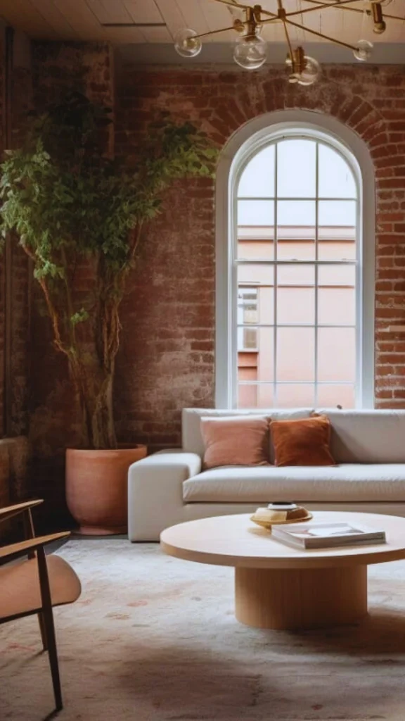 A beautiful luxury living room showcasing how light neutral tones and warm accents prevent enclosed spaces from feeling suffocating. Set against a rustic red brick accent wall, a minimalist off-white contemporary sofa is styled with soft pink and terracotta accent pillows. The space is anchored by a low-profile round wooden coffee table resting on an expansive light beige rug under a modern geometric brass chandelier.