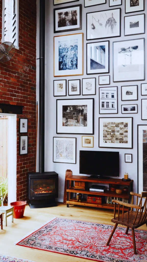 A striking, high-ceilinged room demonstrating an art gallery aesthetic to elevate a premium space. An expansive double-height white wall is completely transformed into a floor-to-ceiling gallery wall, densely curated with framed black-and-white photography and fine art prints. The artistic display towers over a minimalist wooden media console and a cozy corner wood-burning fireplace set against an exposed red brick wall.