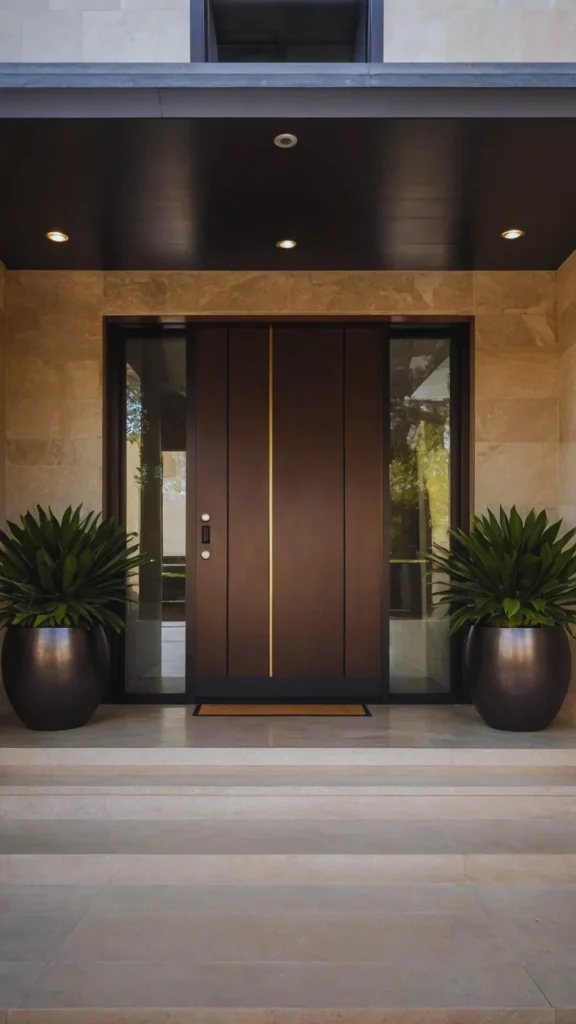 A showstopping luxury front door design that serves as a confident first impression. The grand entryway features a massive, contemporary dark wood pivot door accented with a sleek, vertical gold inlay stripe and modern smart hardware. Flanked by tall glass sidelights and framed by premium beige stone tiles, the threshold is symmetrically balanced by two large, metallic bronze planters holding vibrant green architectural foliage under soft recessed porch lighting.