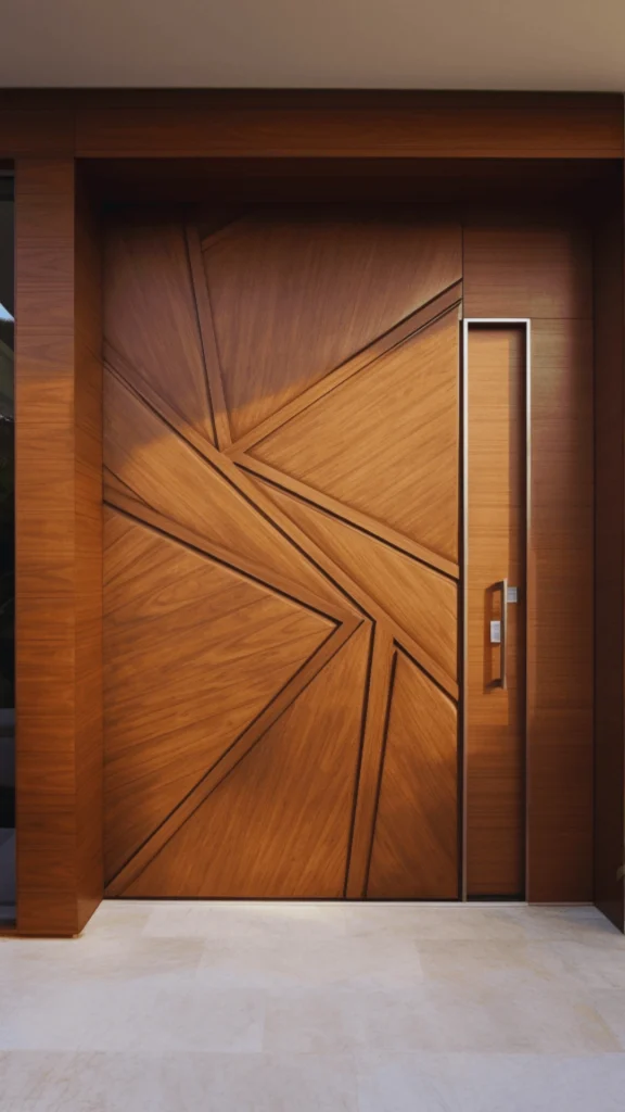An effortlessly grand, oversized luxury front door demonstrating refined architectural design. Crafted from warm, high-quality wood, the door features a striking geometric pattern of intersecting asymmetric carved lines that showcase a rich grain. It is built seamlessly into a matching wood-paneled facade, featuring a sleek vertical silver door handle assembly that balances the bold, modern geometry.