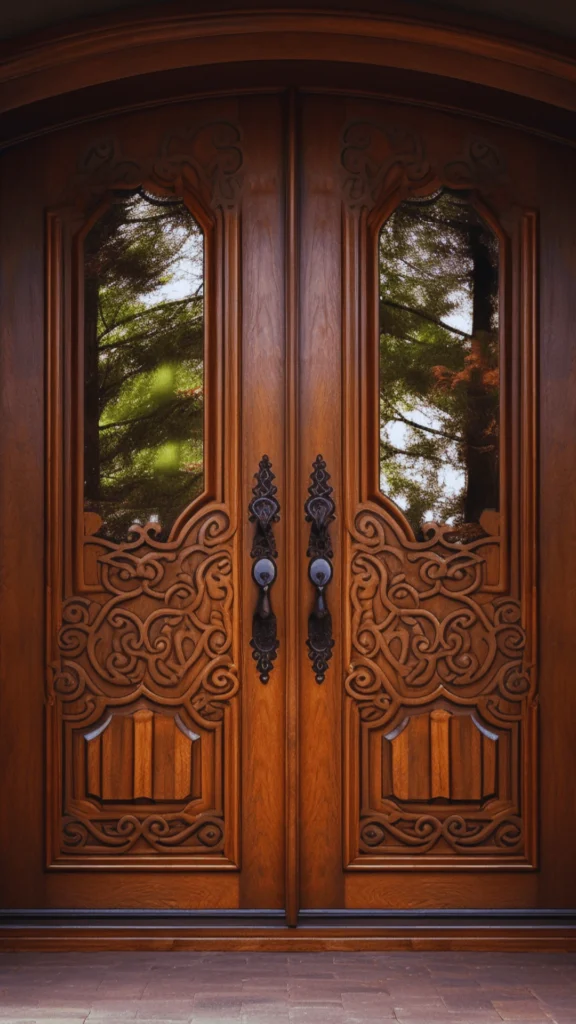 A set of grand, estate-inspired elegant double doors setting a timeless standard for luxury entrances. Crafted from rich mahogany wood with a deep glossy stain, the doors feature intricate, hand-carved filigree scrollwork framing two vertical glass panels that beautifully reflect the surrounding green trees. Ornate, antique-style dark iron handles sit prominently at the center, communicating heritage and classic craftsmanship.