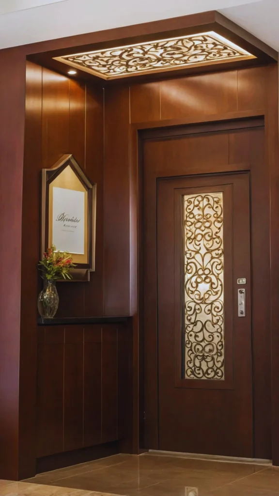 A moody and sophisticated luxury interior entrance highlighting deep, espresso-colored wood finishes. The main wooden door features a long, vertical glass insert backed by intricate, gold-toned ornamental scrollwork. The entire entryway is encased in matching rich wood paneling, featuring a recessed ceiling alcove with a backlit decorative grille that casts a warm glow over a small side console with a floral vase and framed art.