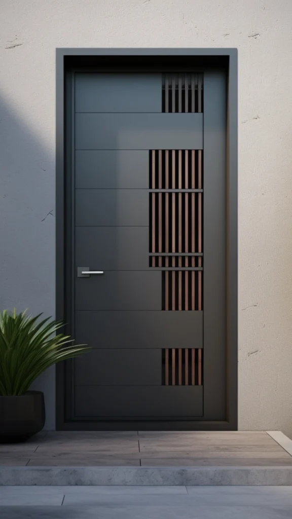 An ultra-modern, high-end interior door designed like a functional sculpture to elevate a luxury home. The matte charcoal-grey slab door features a striking asymmetric pattern of horizontal panels intersected by inset sections of vertical wooden slats, creating a layered, architectural look. A minimalist brushed silver lever handle completes the sleek, gallery-like aesthetic against a textured plaster wall.