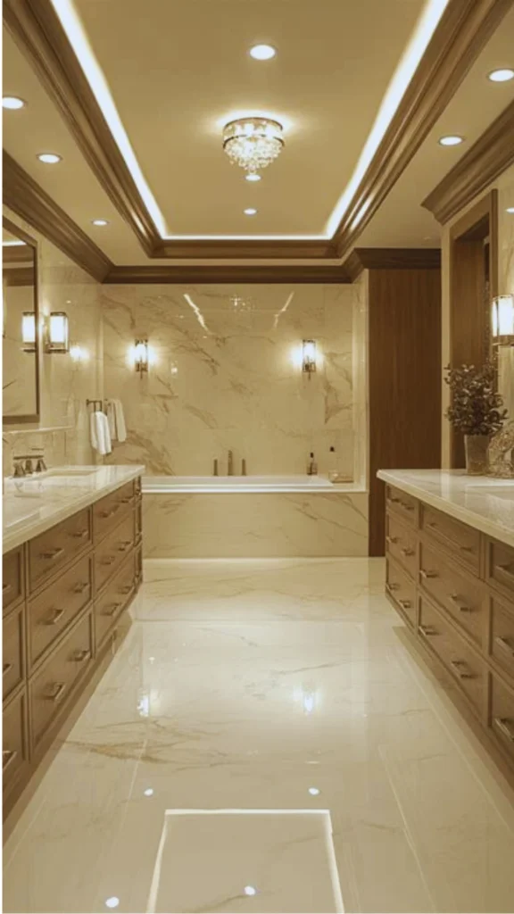 An opulent primary bathroom showcasing how polished high-end flooring elevates a space by reflecting light to make it feel larger. Highly polished white marble tiles with soft grey veining flow across the floor and wrap up the walls surrounding a built-in soaking tub. The reflective stone surfaces mirror the warm glow of a central crystal chandelier, recessed ceiling spotlights, and symmetrical wall sconces, creating a bright, timeless elegance.