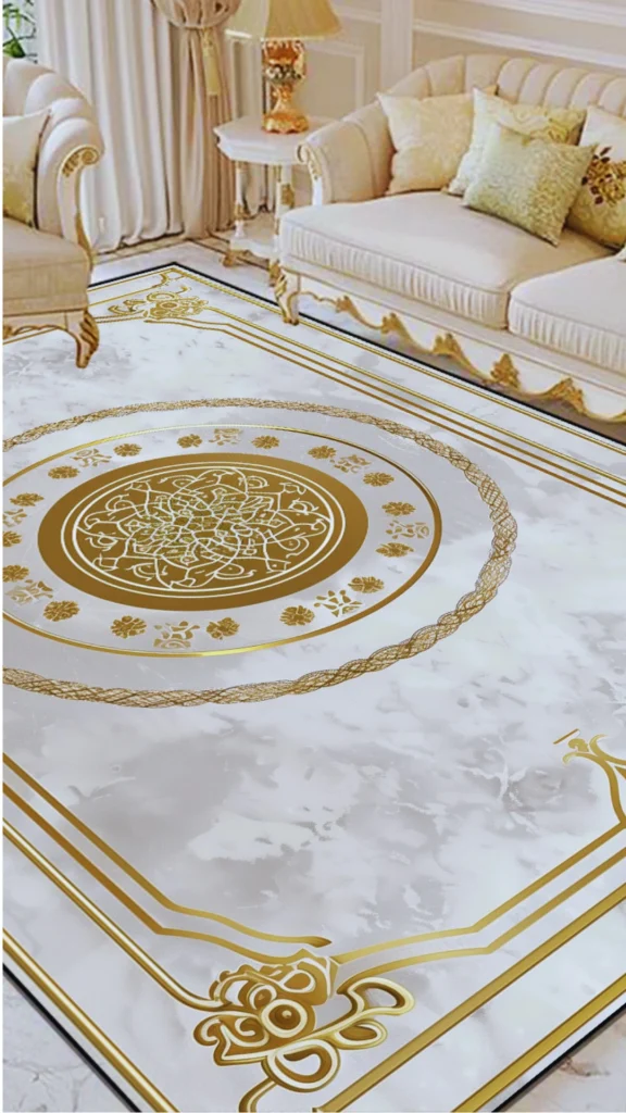 An exquisite example of high-end flooring featuring an intricate, old-world style geometric marble inlay. The polished white-and-grey veined marble floor is transformed into a work of art with an inlaid gold border and a large central circular medallion embellished with intricate filigree patterns. The permanent stone details perfectly anchor the surrounding luxury seating area, adding majestic visual interest to the room.