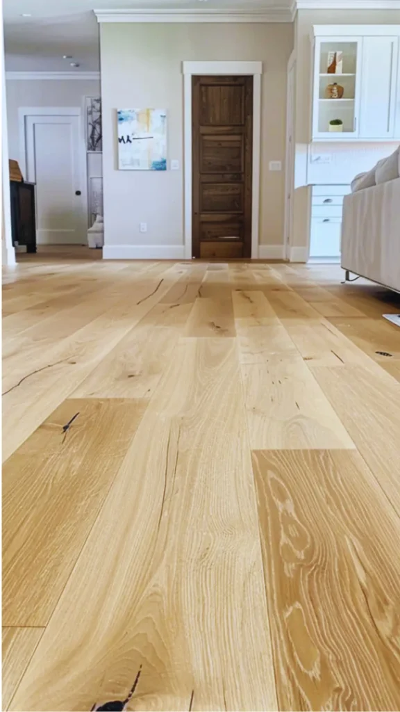 A low-angle perspective of a bright open-concept home showcasing an upscale floor design with premium wide-plank hardwood floors. The expansive, light European oak planks feature a smooth matte finish, prominent natural wood grain patterns, and subtle organic characteristics. The seamless installation runs deep into the room, making the entire living space feel larger, warm, and grounded.