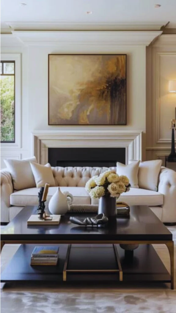 A sophisticated classic-contemporary living room showcasing a beautifully layered neutral color palette. A plush, tufted cream chesterfield-style sofa with matching accent pillows rests in front of a grand cream fireplace mantle with a black hearth. Hanging above the fireplace is a large abstract canvas painting with warm ochre, beige, and deep brown earthy undertones, perfectly anchoring the serene, warm canvas of the room.