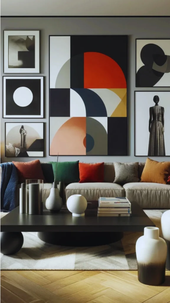 A curated luxury living room wall showcasing an intentional display of personality and art. Centered above a beige fabric sofa is a large-scale abstract geometric painting featuring bold segments of terracotta orange, deep red, forest green, navy, mustard yellow, and black. Flanking this centerpiece is a gallery arrangement of five monochromatic black-and-white fine art prints, with the vibrant colors of the central artwork echoed beautifully below through rich, earthy throw pillows and sculptural ceramic vases on a dark wood coffee table.